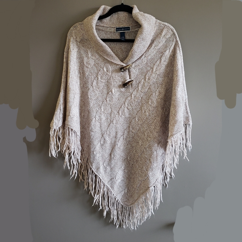 Karen Scott Sweater Poncho Cable Knit Sweater Fringe LG XL